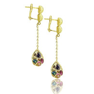 Yellow Gold Hoop Earrings With Multi Colored Stones