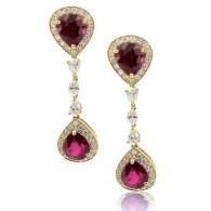 Yellow Gold Pear Cut Ruby Earrings With Round, Marquise And Pear Cut Diamonds 18K Yellow Gold