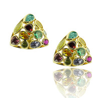 Yellow Gold Triangular Earrings With Multi Colored Stones