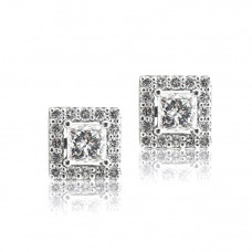 White Gold Diamond Princess Cut Halo Earrings, E-F , VVS2