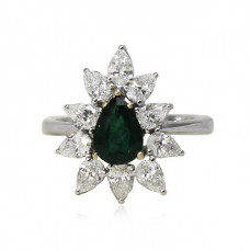 White Gold Ring With Pear Cut Emerald And Pear Cut Diamonds