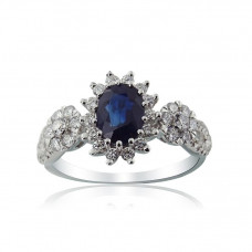 White Gold Engagement Ring With Oval Cut Sapphire And Brilliant Cut Diamonds