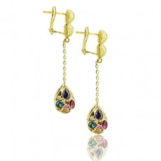 Yellow Gold Hoop Earrings With Multi Colored Stones
